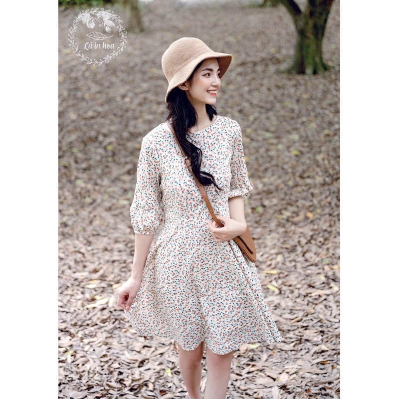 [Mã SKAMSALEP6 giảm 10% tối đa 100K đơn 150K] Váy be hoa cam tay phồng nhún | BigBuy360 - bigbuy360.vn