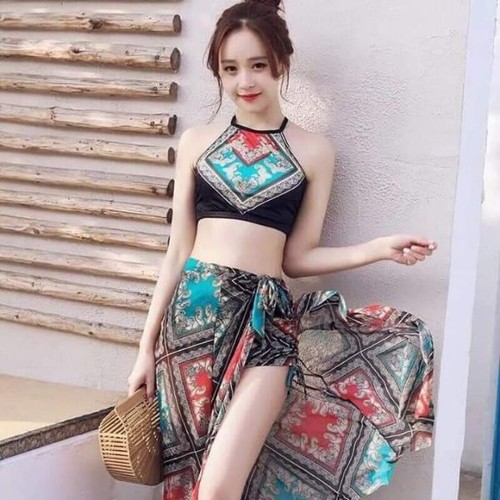 Bộ bơi áo tắm bikini nữ áo yếm kèm khăn voan họa tiết thổ cẩm