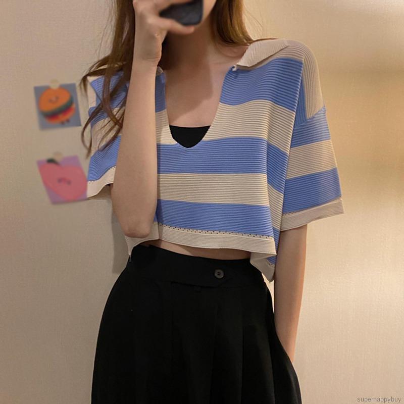 Áo croptop dáng rộng tay ngắn cổ chữ V họa tiết sọc thời trang thường ngày cho nữ