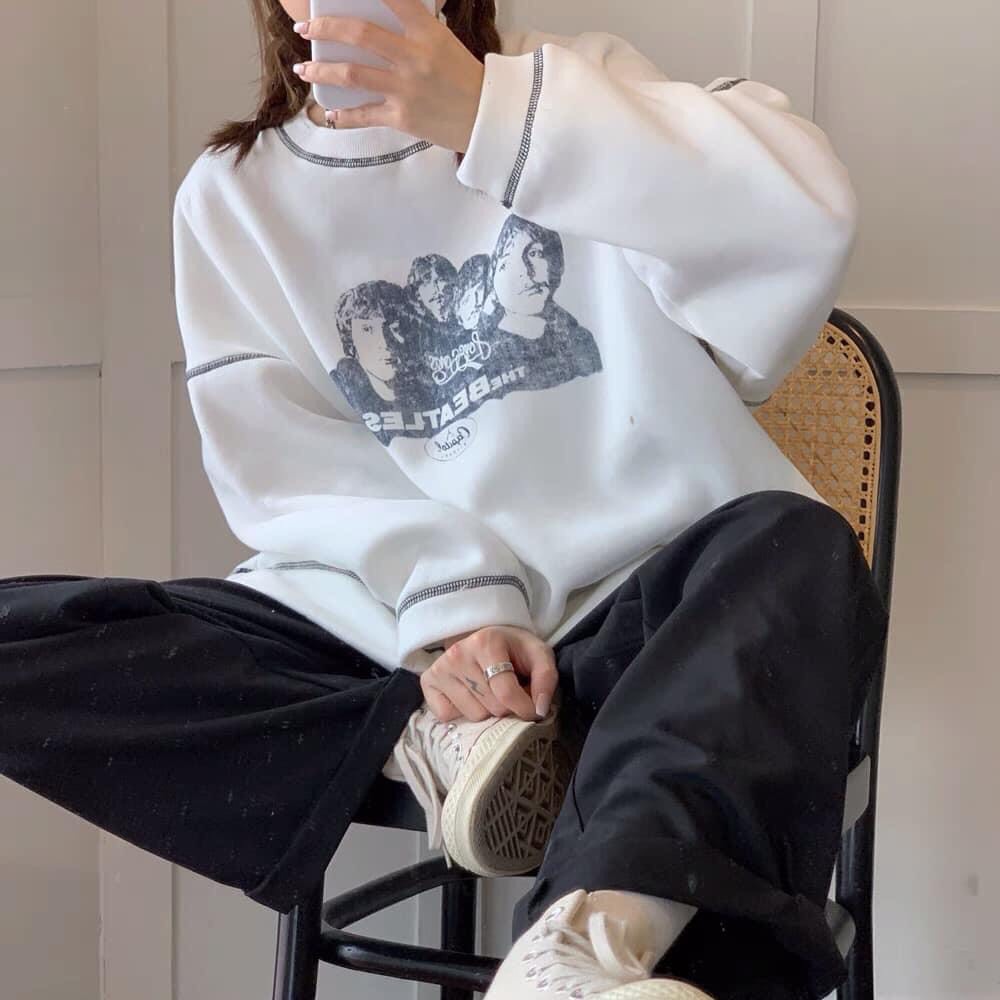 Áo Nỉ Dài Tay Form Rộng Kẻ Viền The Beatles - Sweater suông trơn oversize họa tiết cá tính, thiết kế năng động trẻ trung