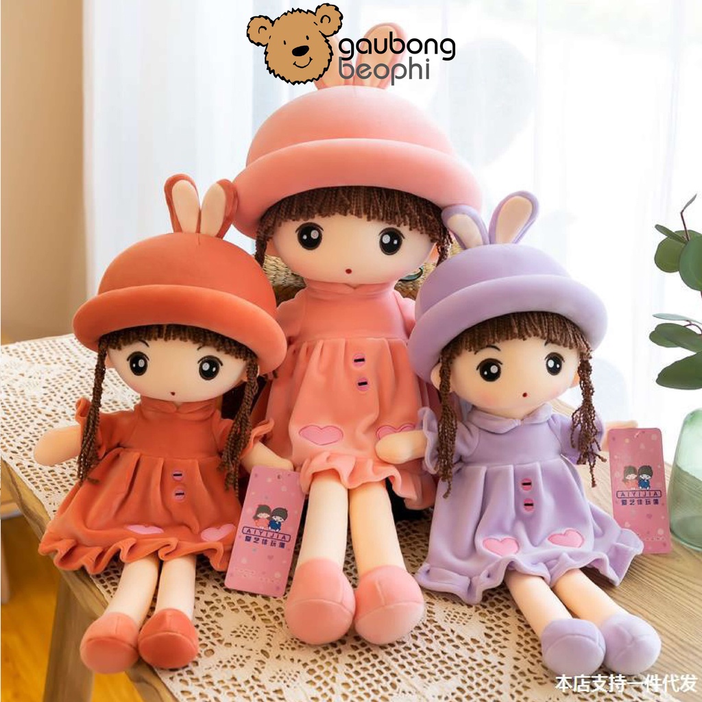 Gấu Bông Búp Bê Nón Tai Thỏ Hàng Cao Cấp, Vải Nhung Siêu Mịn Và Gòn Trắng An Toàn Cho Bé Gấu Bông Béo Phì