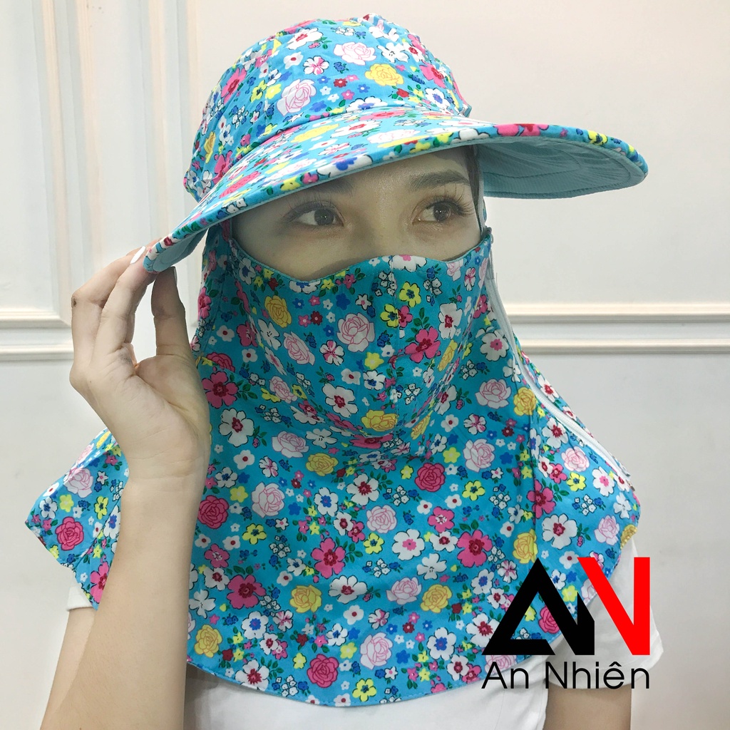 Nón mũ vành rộng khẩu trang chống nắng vải cotton cố định bằng miếng dán