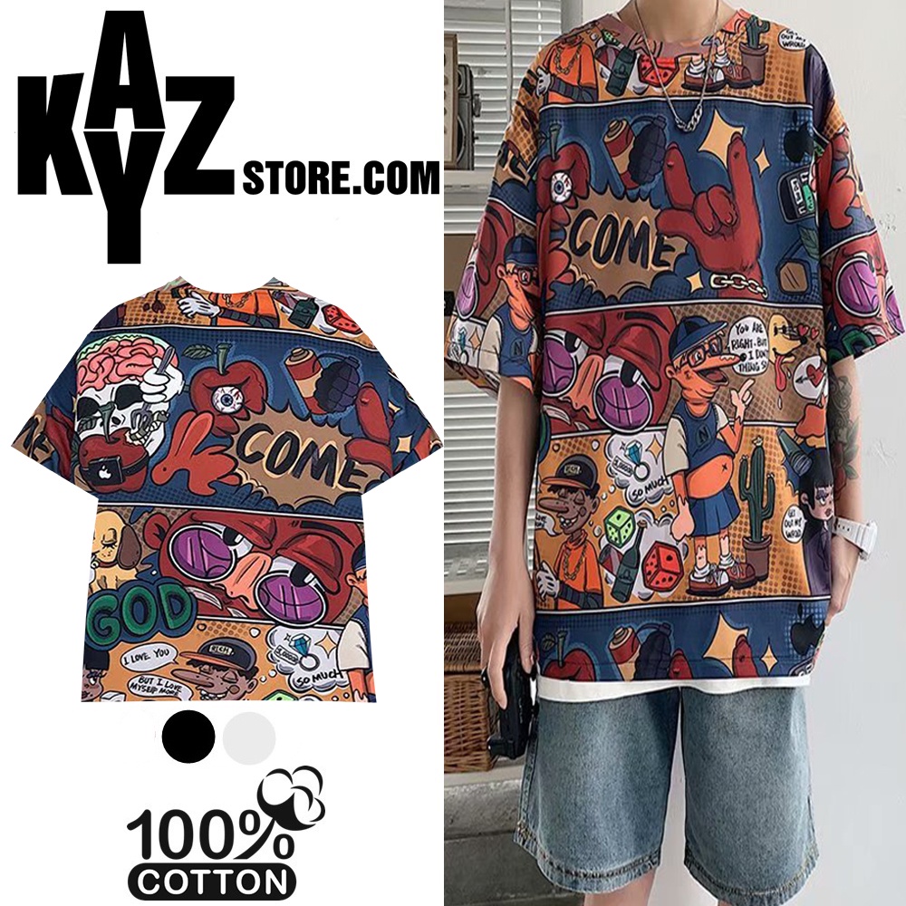 Áo Thun Tay Lỡ Form Rộng Unisex Hình Doodle Hoạt Hình Đỏ