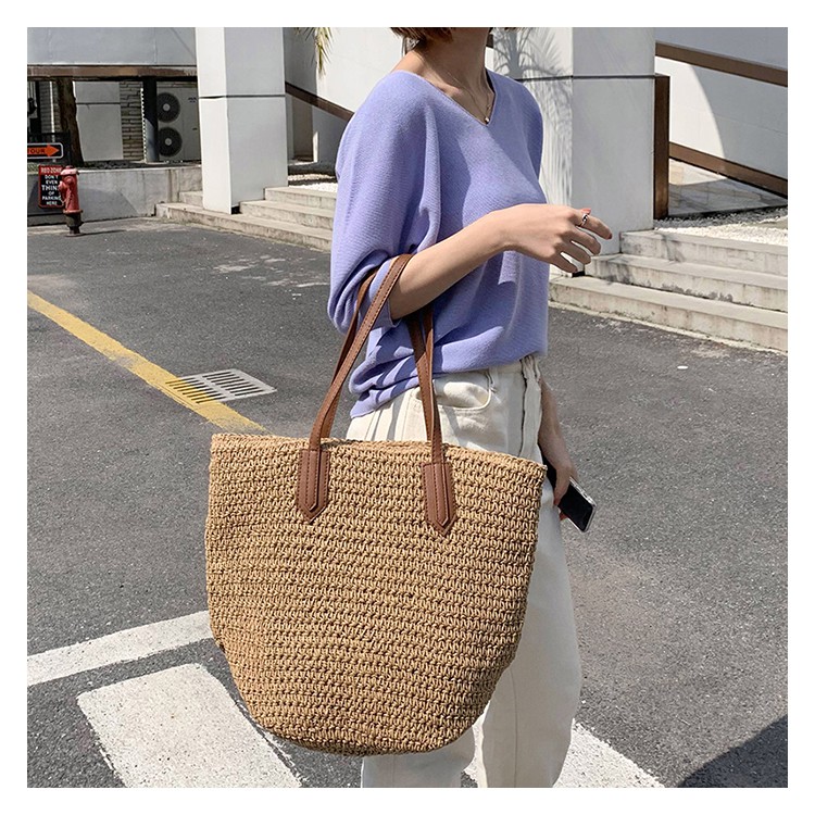 Túi cói phối dây da khổ lớn vintage đan thủ công Ecobabo