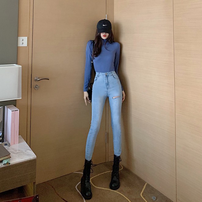 Quần jean nữ dáng ôm cạp cao rách nhẹ Emilyshop ulzzang (T)