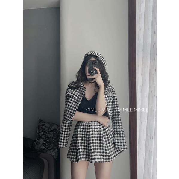 Set áo khoác + chân váy dạ PP houndstooth mimee