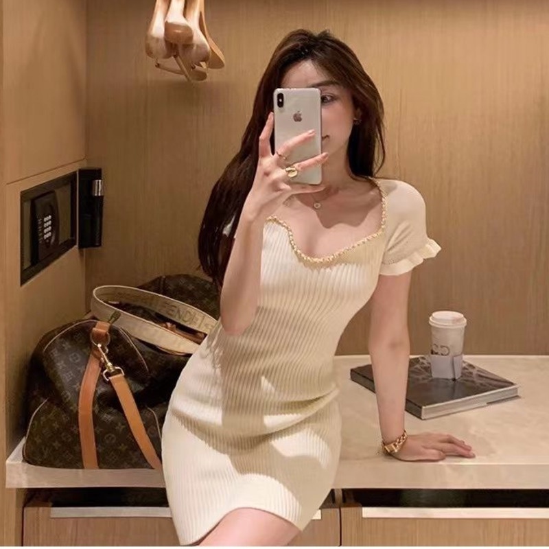 Đầm Dệt Kim Tay Ngắn Dáng Ôm Phong Cách Pháp Thời Trang Quyến Rũ Cho Nữ