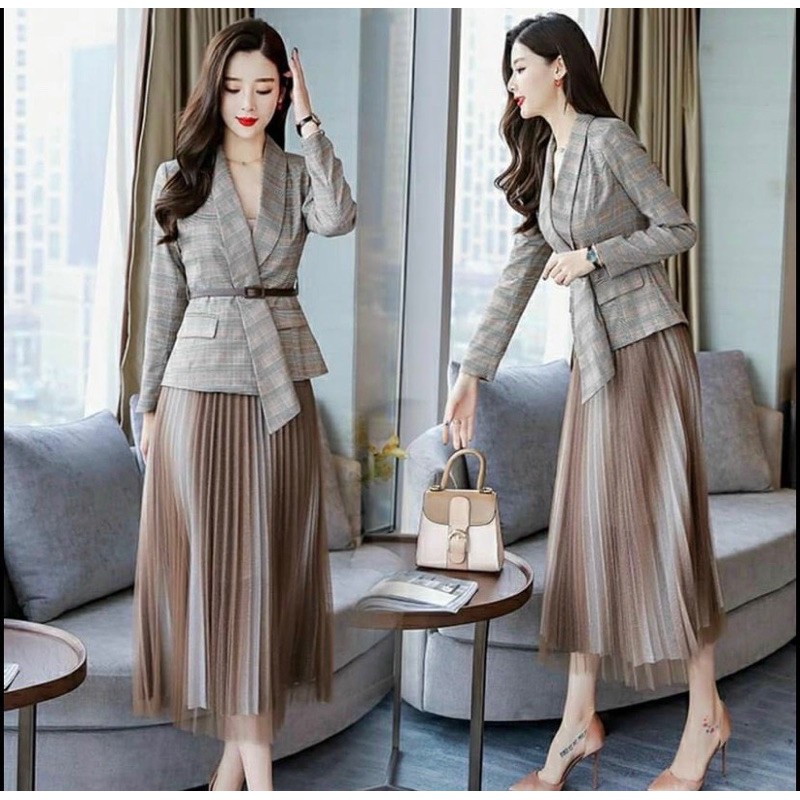 Set bộ vest công sở áo caro tay dài chân váy lưới kèm nịt VH8011
