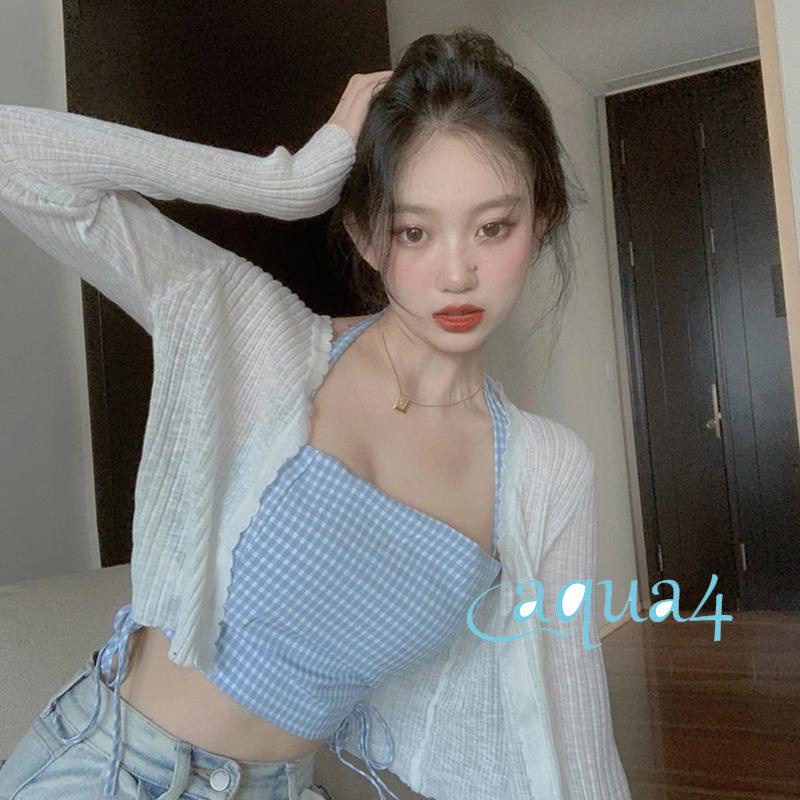Áo Croptop Cổ Yếm Họa Tiết Kẻ Sọc Màu Xanh Dương Nhạt Phối Dây Rút Thời Trang Mùa Hè Cho Nữ