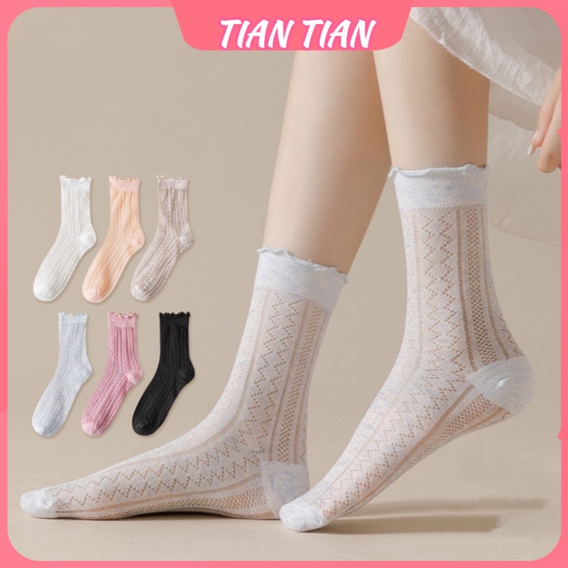 TIANTIAN T228 Tất nữ cao cổ mỏng Vớ Lưới Rỗng Bằng Cotton Thoáng Khí Màu Trơn Dễ Thương Thời Trang Mùa Hè Cho Nữ