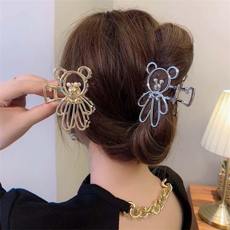Kẹp tóc kim loại hình gấu đính ngọc trai sang trọng phong cách Hàn Quốc cho nữ