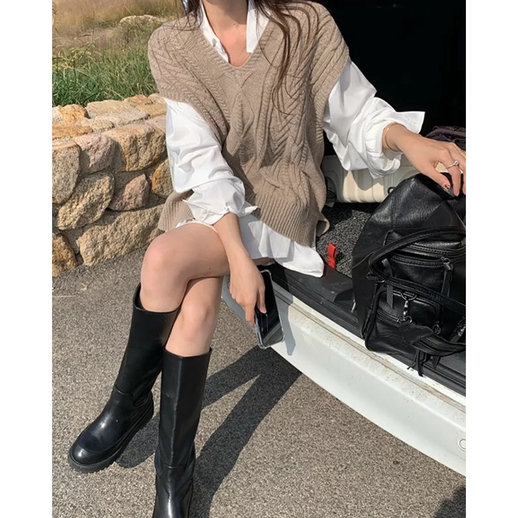 Set Áo Sơmi + Áo Len Ngoài Thời TRang Mùa Đông Phong Cách Hàn Quốc