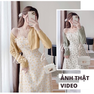 ( Set Váy Sẵn ) Sét Váy Hai Dây Hoa Nhí 💖Hàng Tốt💖 Váy Kèm Áo Khoác Cardigan Siêu Đẹp (Video Thật )