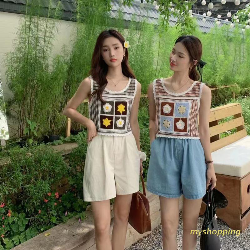 Áo Croptop Dệt Kim Sát Nách Thêu Họa Tiết Hoa Màu Sắc Tương Phản Thời Trang Mùa Hè Cho Nữ