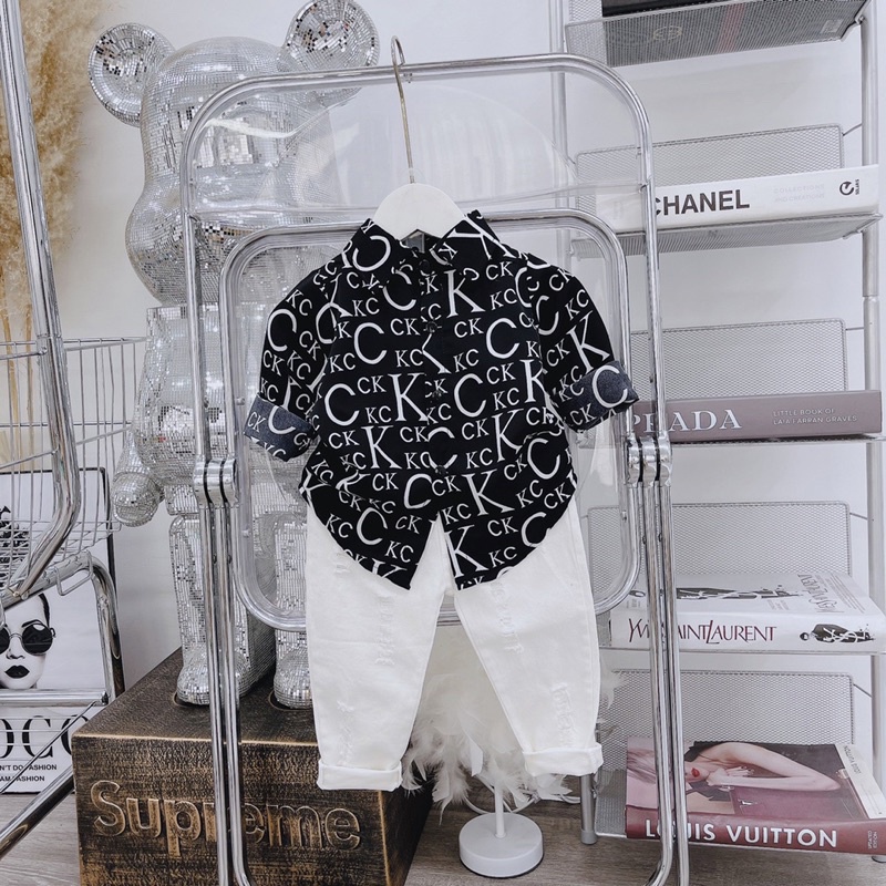 (jean baby) Áo sơ mi lụa dài tay hoạ tiết cực chất cho bé trai(8-23kg)
