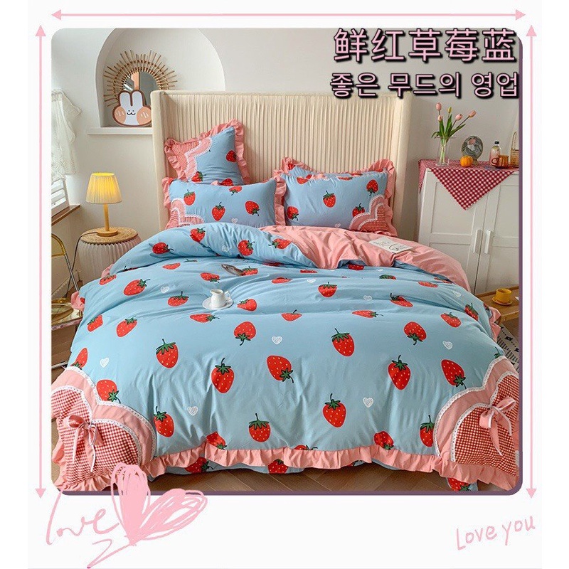 Trọn Bộ Chăn Ga Gối Cotton Đũi Bèo Nơ Cao Cấp - Chất Cotton Thêm Nhiều Họa Tiết Dễ Thương