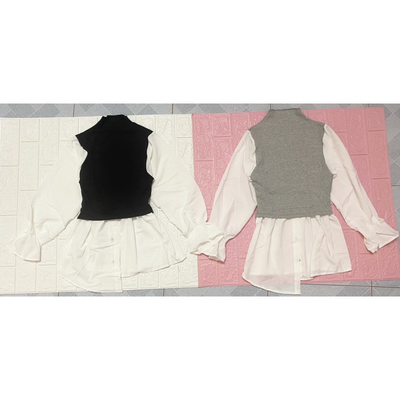 Áo sơ mi kiểu phối thun đẹp phom dài