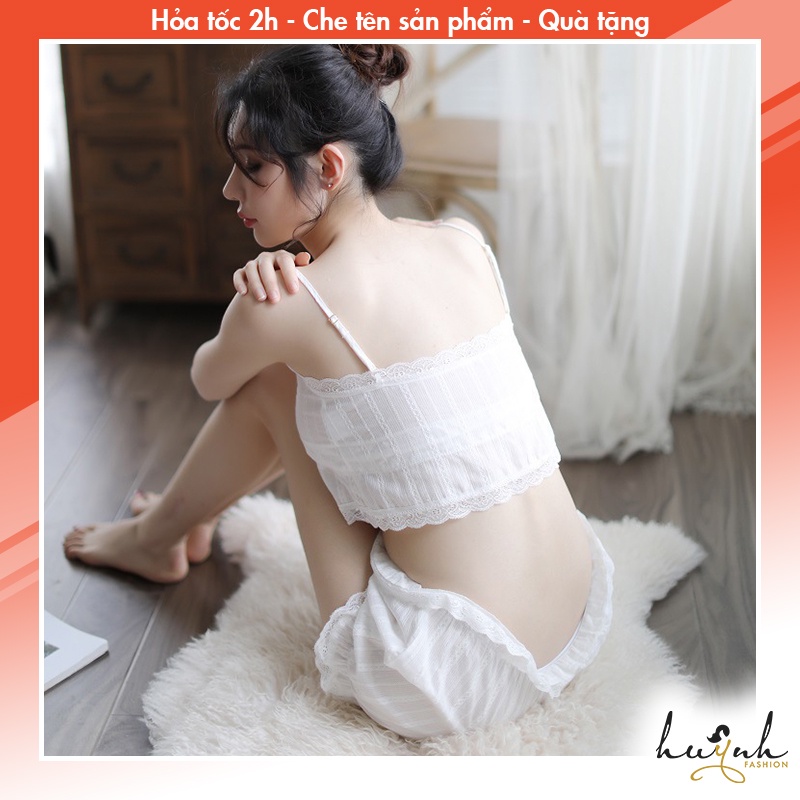 Bộ đồ ngủ croptop tiểu thư hai mảnh dễ thương chất đũi cao cấp- N84