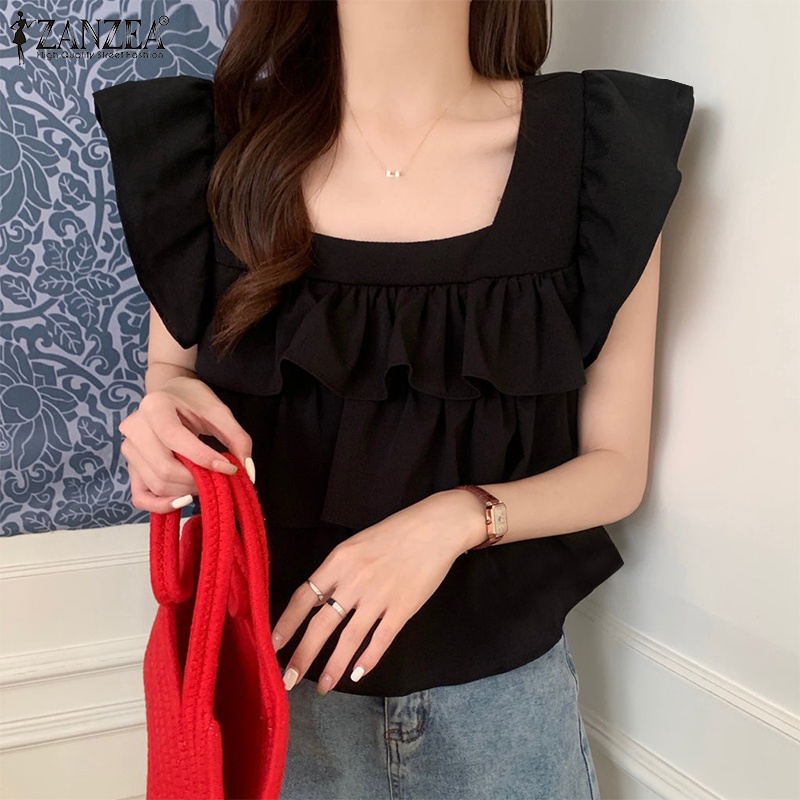 Áo kiểu ZANZEA không tay cổ vuông xếp ly điệu đà phong cách Hàn Quốc cho nữ