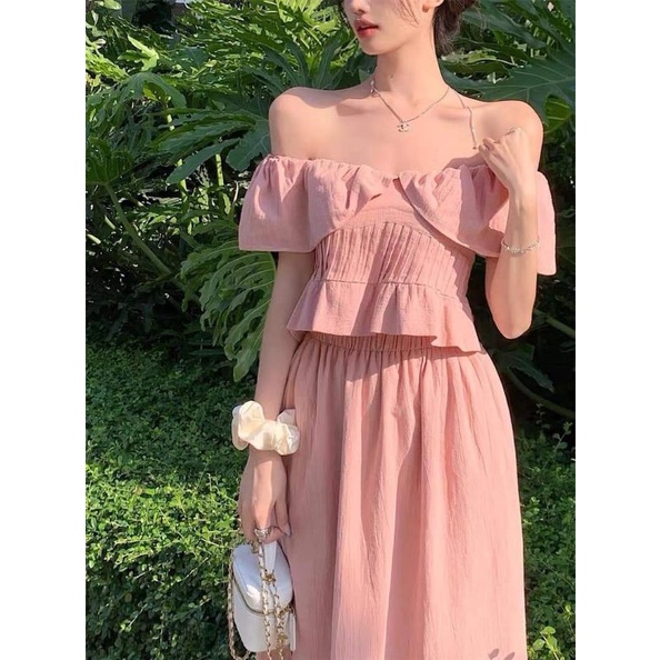 Set áo váy trễ vai tiểu thư 2 màu BCi