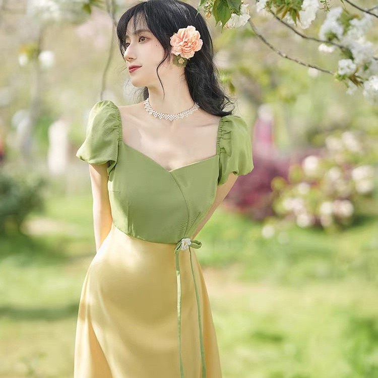 Đầm Tay Phồng Dáng Dài Chiết Eo Kiểu Vintage Hàn Quốc Dễ Thương Cho Nữ