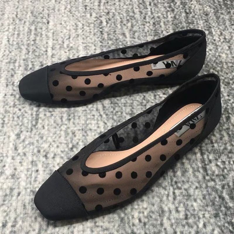 Giày bệt búp bê ZARA xuất xịn voan lưới chấm bi đen mũi vuông size 35 36 37 38 39