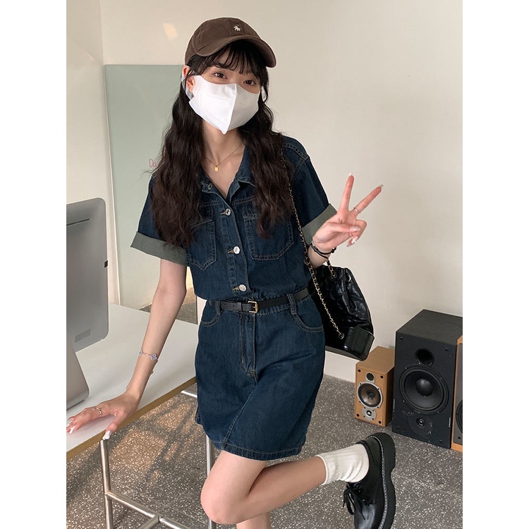 Đầm midi denim Cổ polo Ôm Eo Đơn Giản Thời Trang Hàn Quốc