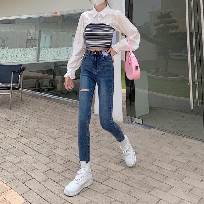 Quần skinny jeans xanh rách đùi cắt gấu trước ôm dáng phong cách trẻ trung siêu hot | BigBuy360 - bigbuy360.vn