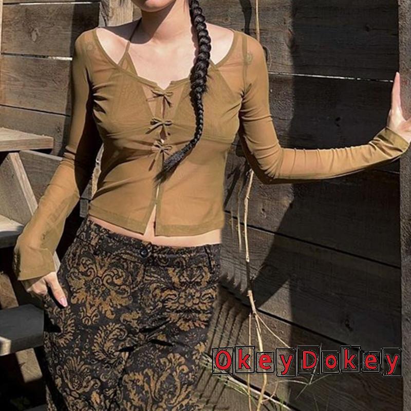 Áo Croptop Tay Dài Dáng Ôm Màu Trơn Phối Nơ Xuyên Thấu Gợi Cảm Cho Nữ