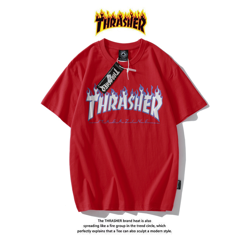 Áo thun cotton tay ngắn dáng rộng in họa tiết chữ Thrasher phong cách thể thao thời trang cho cặp đôi