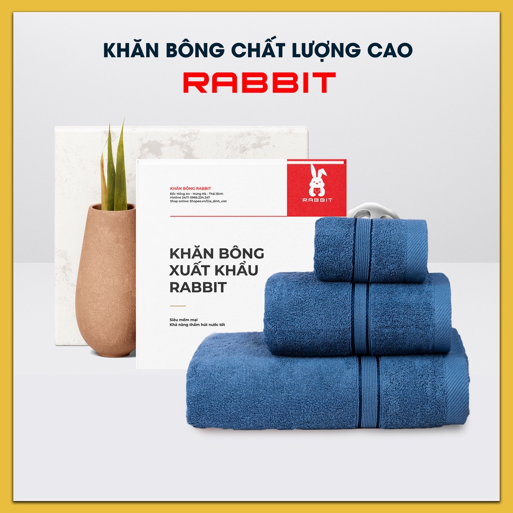 Combo 3 khăn tắm mặt gội cao cấp Rabbit 60x120cm với sợi bông cotton dày thấm hút tốt, không đổ lông, không ra màu