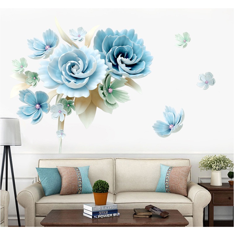 Decal giấy dán tường - mẫu Hoa mẫu đơn xanh bích sang trọng nhẹ nhàng ( 2 tấm )