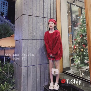 Áo len nhũ đỏ kèm túi mũ