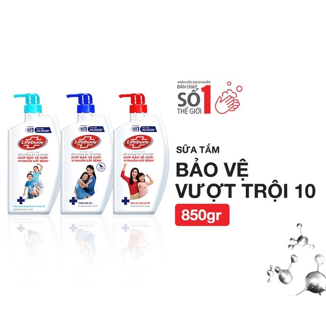 Sữa tắm Lifebuoy Bảo vệ vượt trội 10 giành cho cả gia đình Chai 850ML