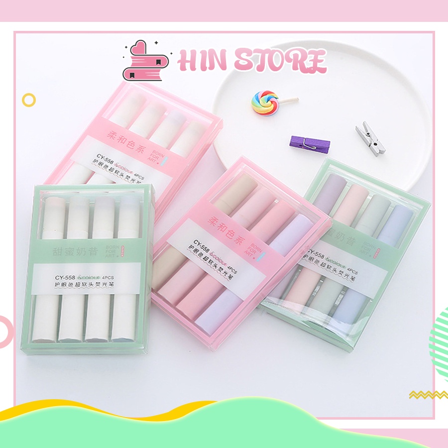 SET 4 Bút Highlight Đánh Dấu Dạ Quang HIN BH02 Bút Nhớ Màu Morandi Màu Tiện Dụng, Văn Phòng Phẩm, Đồ Dùng Học Tập Cute