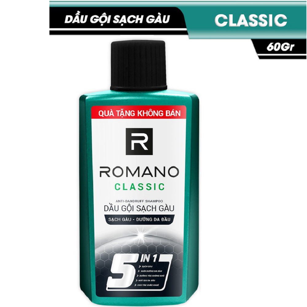 (FOLLOW SHOP SĂN DEAL 9K) Dầu gội sạch gàu Romano Force, Classic 5in1 chai 60gr