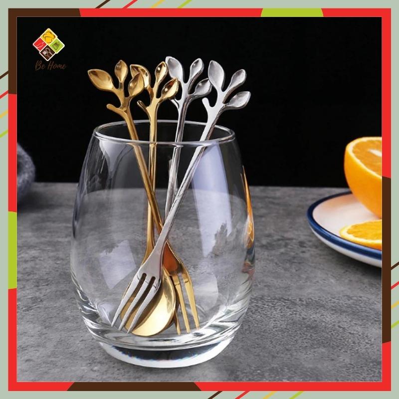 Thìa dĩa lá mạ vàng hiện đại BEHOMEMALL Muỗng thìa nĩa  mạ vàng kiểu dáng hiện đại sang chảnh cao cấp