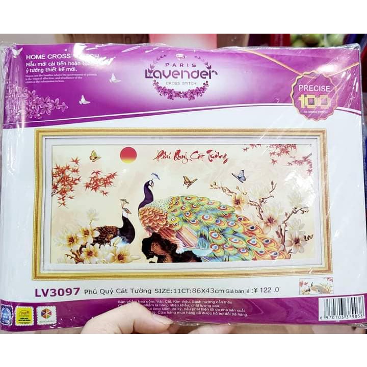 Tranh thêu 3D phú quý cát tường KT:86x43cm,tranh chưa thêu.Tặng kéo và xỏ chỉ.