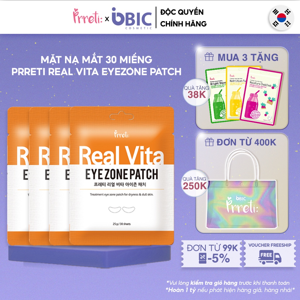 Mặt nạ mắt Prreti dưỡng ẩm giảm quầng thâm mắt Real Vita Eyezone Patch ngăn ngừa nếp nhăn gói 30 miếng