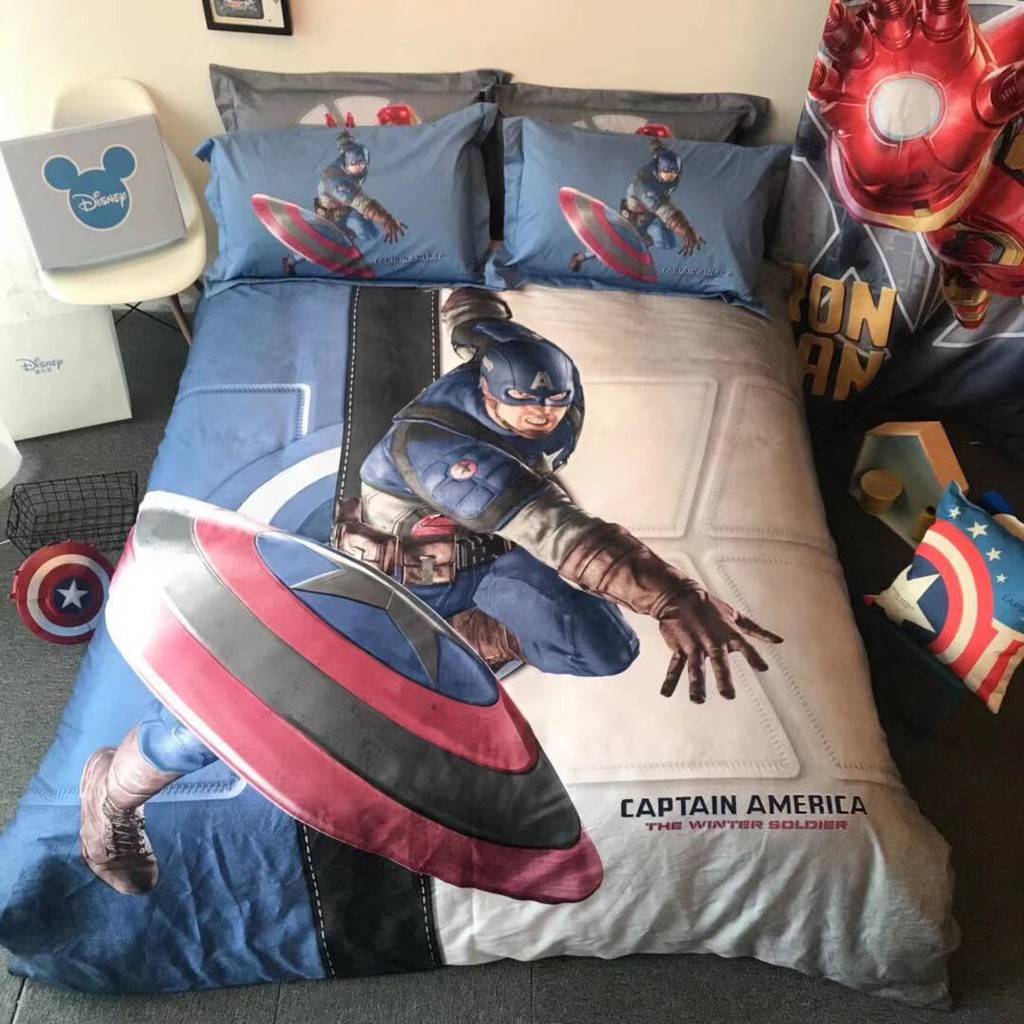 Bộ chăn ga siêu anh hùng Marvel Captain America, Iron man, Spider man 100% cotton cao cấp - Hàng xuất khẩu