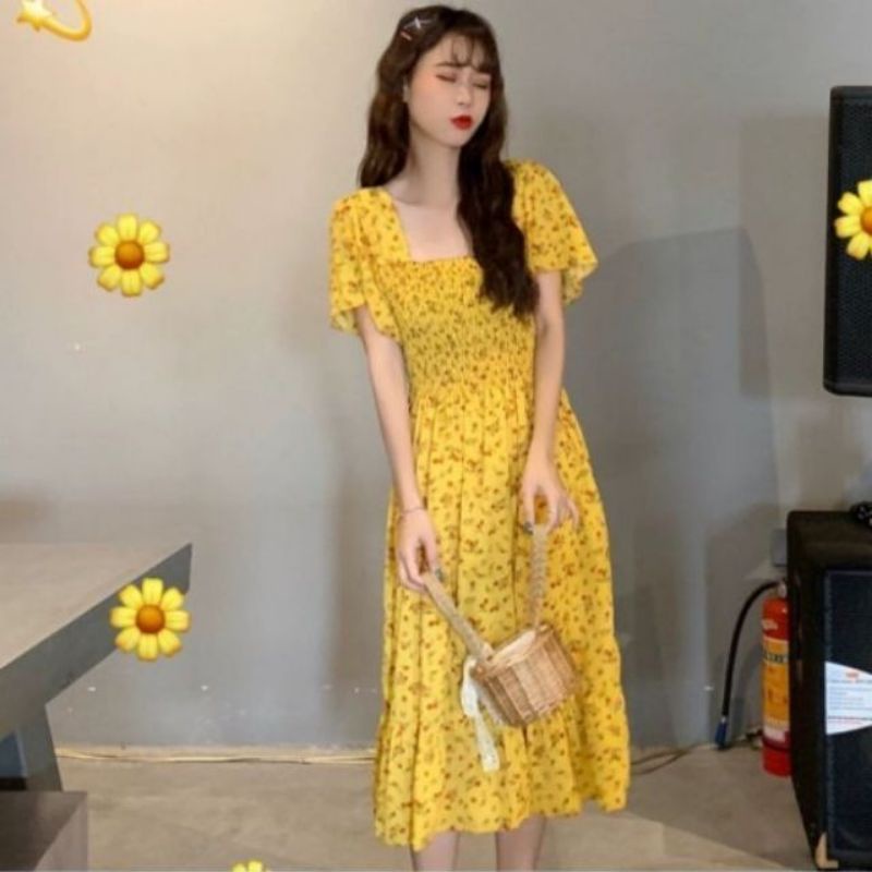 (Ảnh thật) ĐẦM VÀNG CỔ V vintage hàn quốc