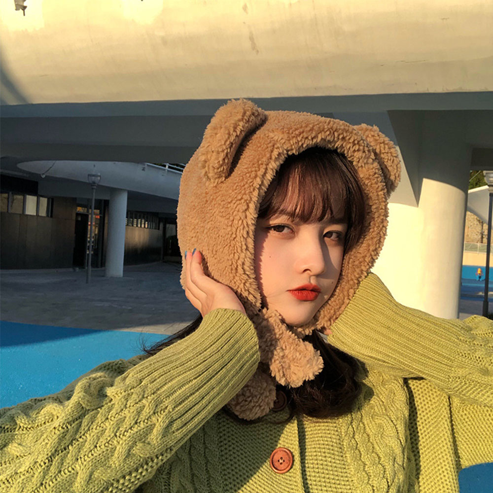 Nón Len Chỏm Giữ Ấm Tai Gấu Dễ Thương Dành Cho Nữ