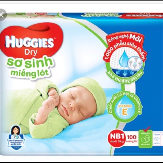 Tã lót sơ sinh Huggies NB1 100M và NB2 60M