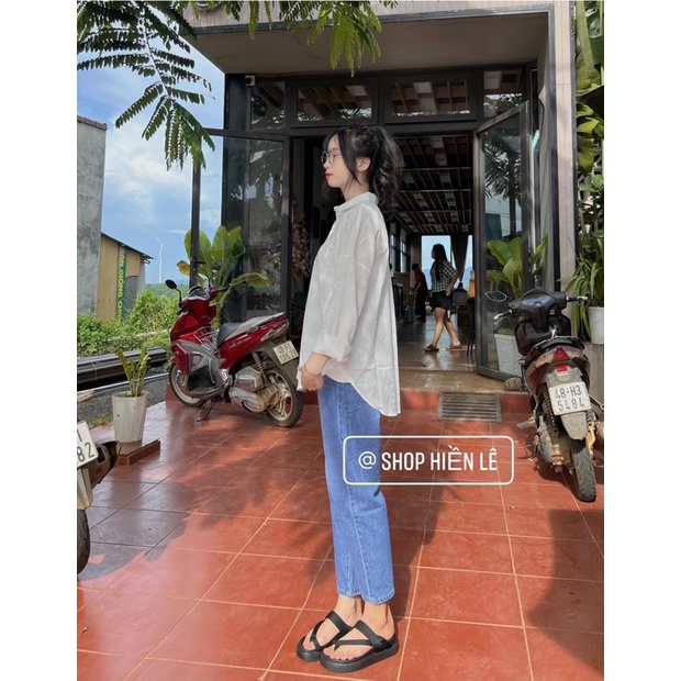 Set baggy jeans trơn xanh + sơ mi tay dài 1 túi