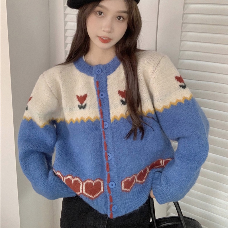 IELGY    Áo cardigan Dệt Kim Tay Dài Dáng Rộng Màu Sắc Tương Phản Thời Trang Cho Nữ