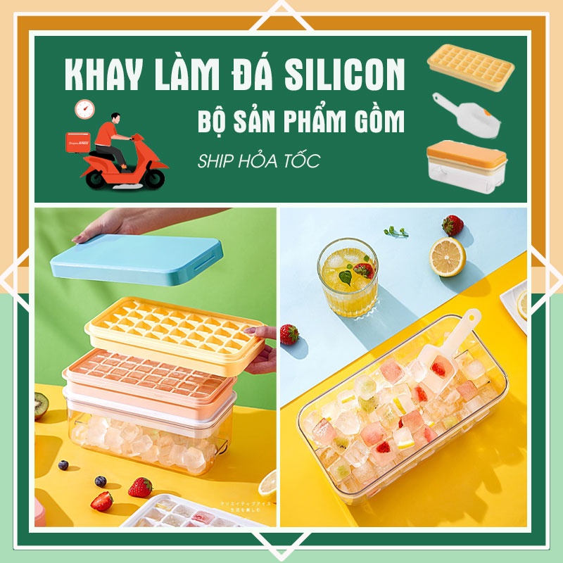 Khay làm đá viên silicon, Combo Khay làm đá tiện lợi có nắp đậy 32 viên, khay làm đá cao cấp có hộp trữ dễ dàng tiện lợi