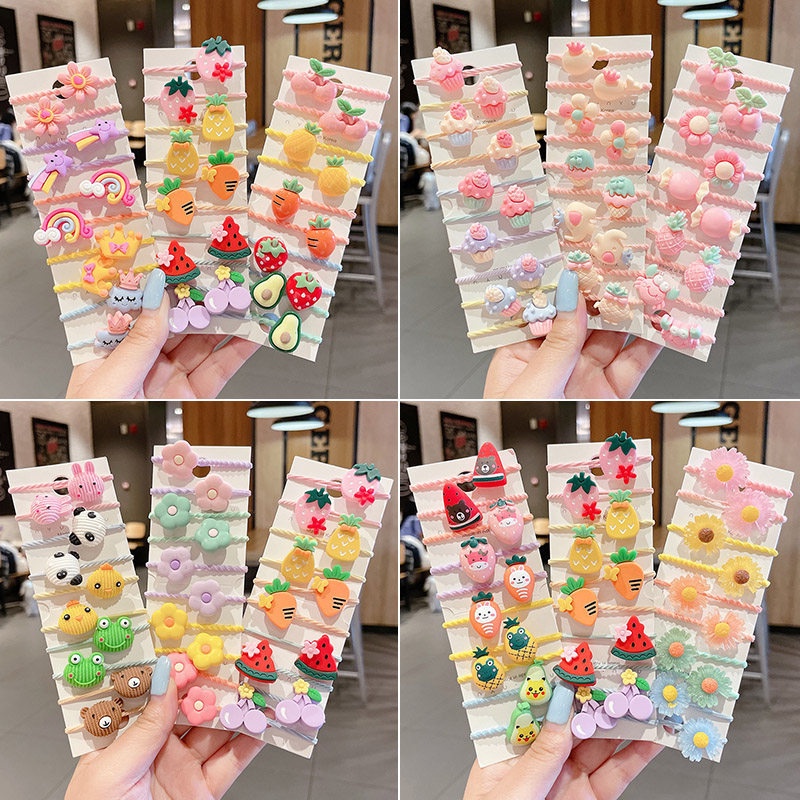 Bộ 10 Dây Buộc Tóc Cao Su Họa Tiết Trái Cây / Động Vật Hoạt Hình Phong Cách Hàn Quốc Cho Bé