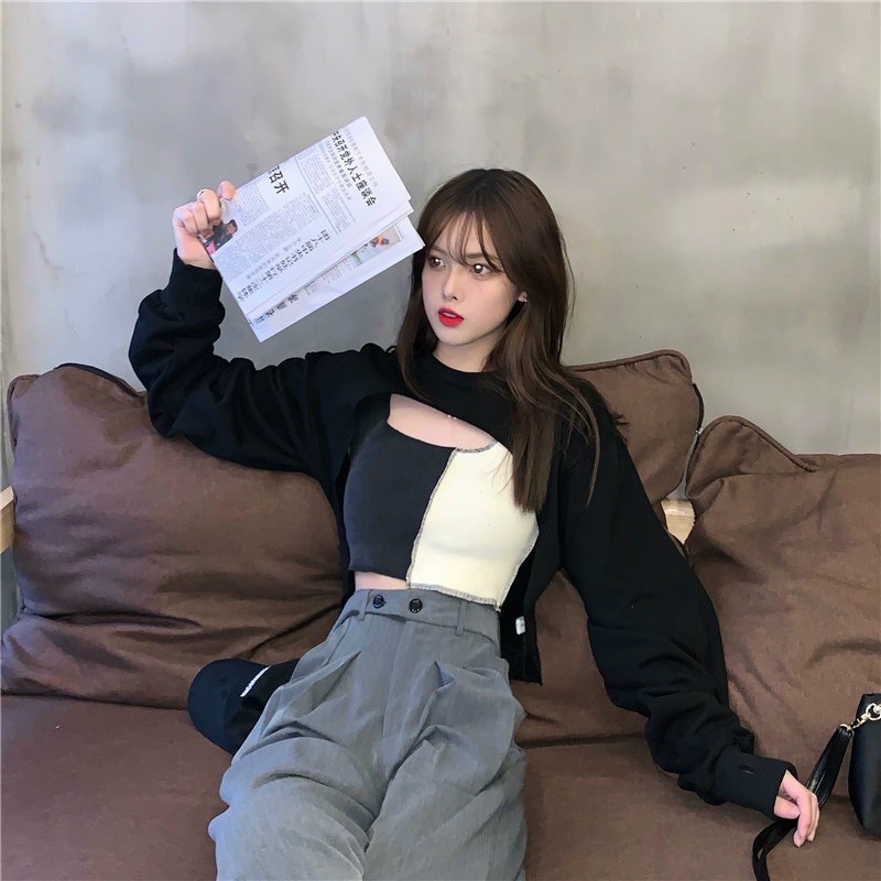 Set áo croptop ôm body tay dài phong cách ulzzang Hàn Quốc, Set áo croptop hoodie 2 món cá tính C65 - Maoshop