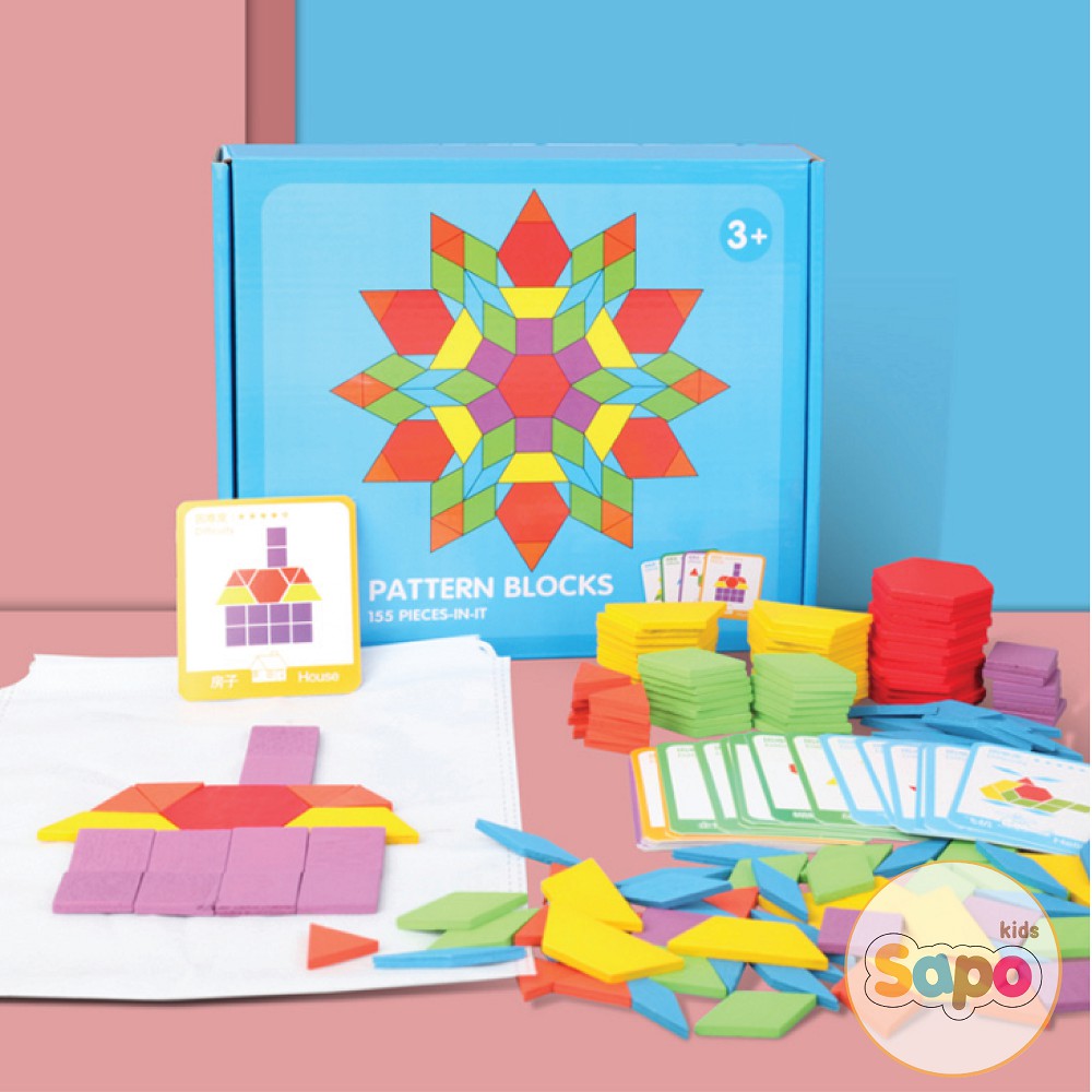 Ghép hình Pattern Block Montessori 155 chi tiết cho bé sáng tạo nhiều màu bộ đồ chơi cho bé SAPO KIDS