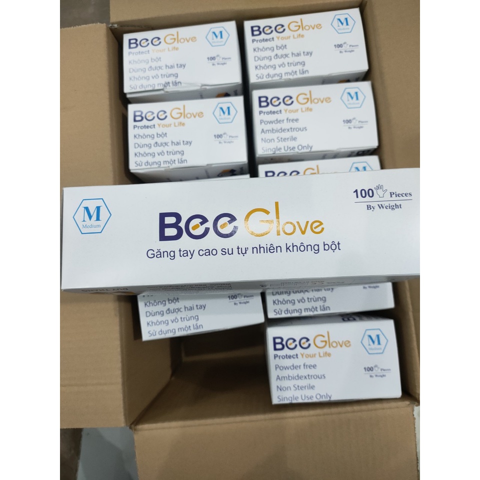 1 thùng 10 hộp Găng tay cao su y tế BEE GLOVE Latex , không bột chính hãng Màu Kem 6.0gr - Size XS,S,M,L